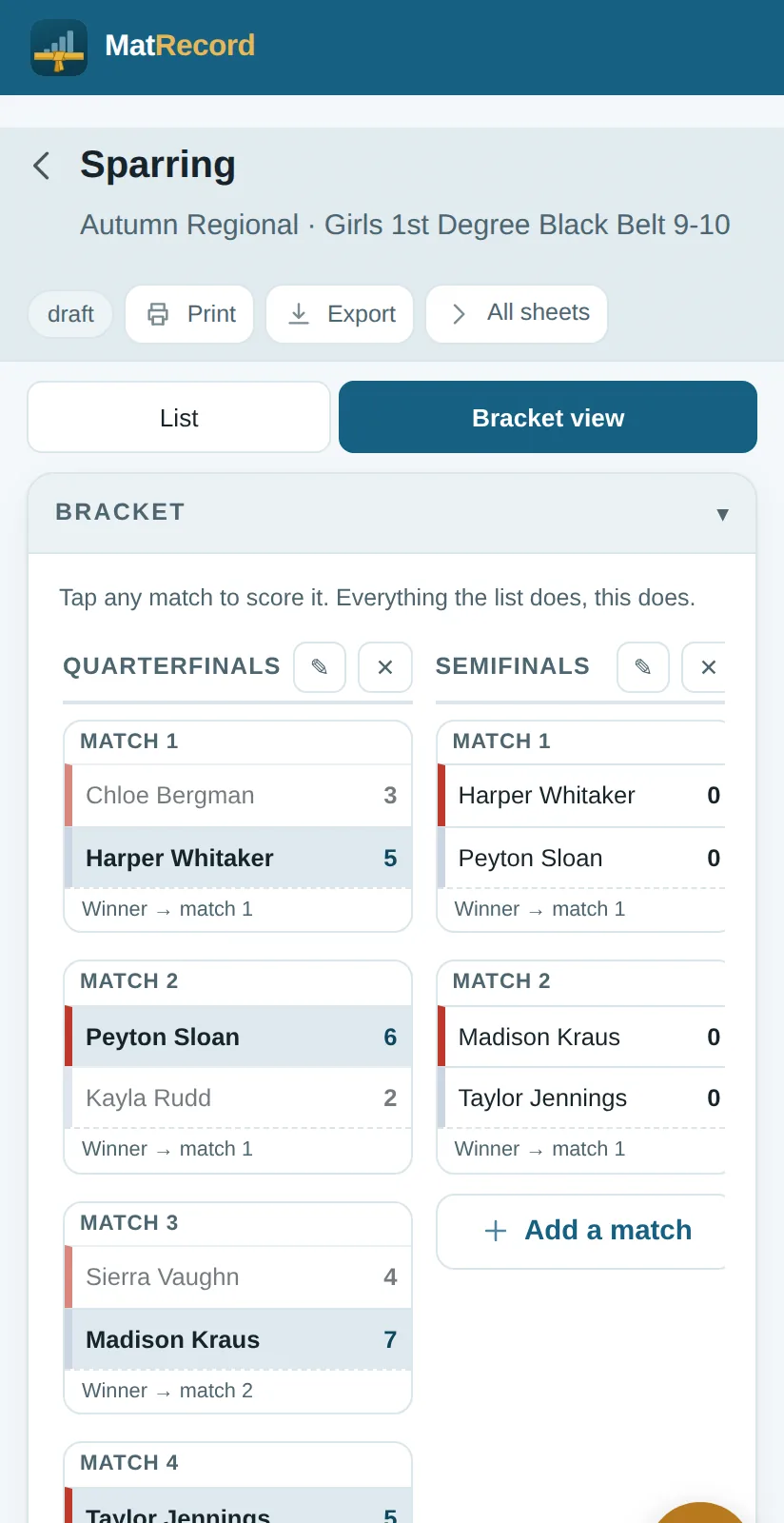 A sparring bracket with the quarterfinals scored and each winner carried through into the semifinals.