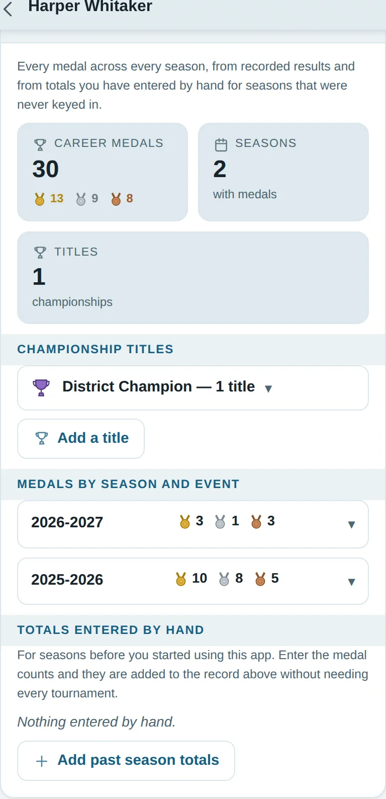 A competitor profile showing career medals split into gold, silver and bronze, the seasons they came from, and a District Champion title recorded beside them.
