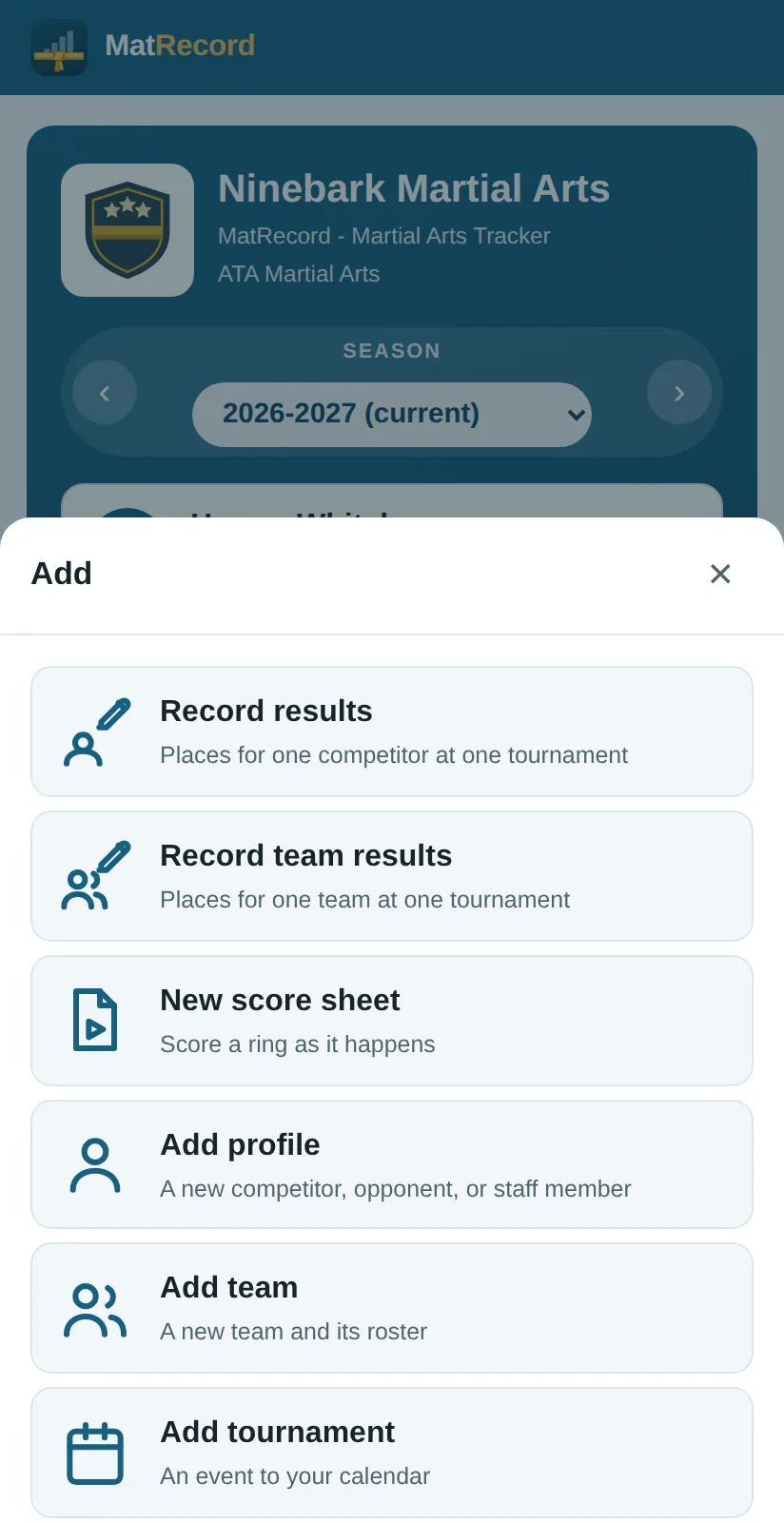 The add button opened, listing results, team results, a score sheet, profiles, teams, tournaments, photos and expenses.